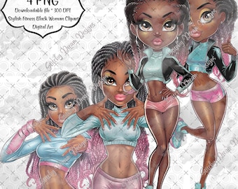 Motivational Black Fitness Girl Clipart Set - 4 High-Res PNG Files