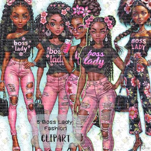 Conjunto de imágenes prediseñadas de moda de mujer jefa / Chica negra a la moda PNG / Imágenes prediseñadas de mujeres elegantes / Descarga digital. Ideal para calcomanías de planificadores, álbumes de recortes