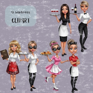 May include: Digital illustration of 12 waitress clipart. The waitresses are depicted in various outfits, including black dresses, white shirts, and pink dresses. Some are holding trays with drinks and food, while others hold menus. The background is a textured gray.