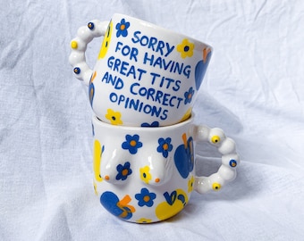 Handmade Ceramic Boobies Mug, Apple Print Coffee Mug, Post Modern Aesthetic Gift