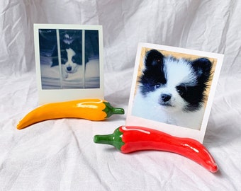 Chili Handmade Ceramic Photo or Card Holder Set, Ceramic Instax Display, 2 Pieces Home Decor Set, Postcard Stand, Housewarming Gift