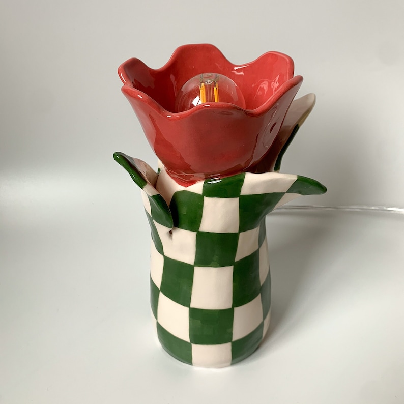 Handmade and Hand painted Ceramic Tulip Table Lamp, Statement Table Lamp, Unique Checkered Lamp Design, Housewarming Gift image 8