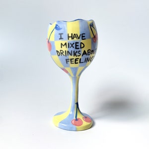 Checkered Handmade and Hand painted Ceramic Wine Glass, Unique ceramic goblet,CherryWine chalice,Art pottery Chalice,Gift for Her