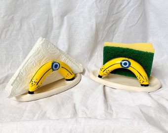 Handmade and Hand painted Ceramic Sponge Holder, Banana Napkin Holder, Housewarming Gift, New Home Gift