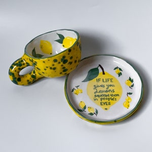 Lemons Handmade Ceramic Mug and Saucer, Hand painted Coffee Cup Set, Mug and Saucer Set, Coffee and Tea Set, Housewarming Gift