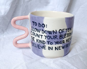 To Do Handmade and Hand painted Ceramic Mug, Cute Modern Coffee Mug, Checkered Quote Mug, 21st Birthday Gift for Her