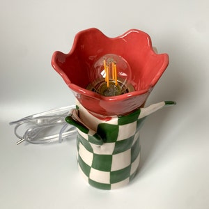 Handmade and Hand painted Ceramic Tulip Table Lamp, Statement Table Lamp, Unique Checkered Lamp Design, Housewarming Gift image 3