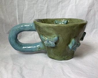 Green Butterflies Handmade and Hand painted Ceramic Mug, Mixed colored Aesthetic Coffee Mug, Creative Wide Mug, Gift for Her / Him