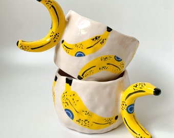 Banana Handmade and Hand painted Ceramic Mug, Aesthetic Coffee Mug, Creative Wide Mug, Gift for Her / Him