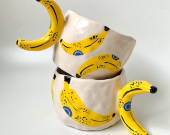 Handmade Banana Ceramic Mug, Hand Painted Coffee Mug with Wide Handle, Fun Design Gift