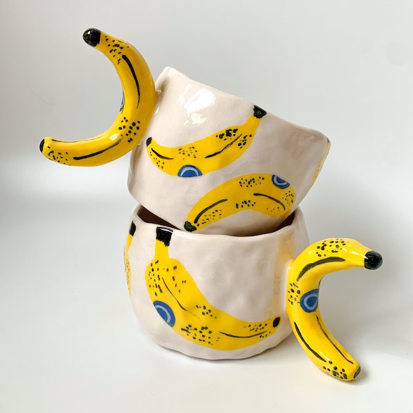 Banana Handmade and Hand painted Ceramic Mug, Aesthetic Coffee Mug, Creative Wide Mug, Gift for Her / Him