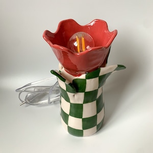 Handmade and Hand painted Ceramic Tulip Table Lamp, Statement Table Lamp, Unique Checkered Lamp Design, Housewarming Gift image 1