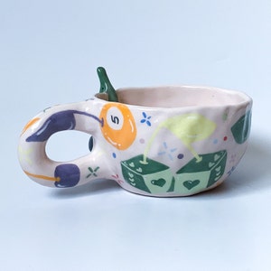 Cherry Bomb Handmade and Hand painted Ceramic Mug, Aesthetic Coffee Mug, Creative Wide Mug, Gift for Her / Him