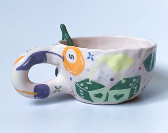 Cherry Bomb Handmade and Hand painted Ceramic Mug, Aesthetic Coffee Mug, Creative Wide Mug, Gift for Her / Him