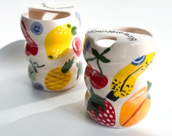 Handmade Ceramic Travel Tumbler: Hand-Painted Fruit ToGo Cup