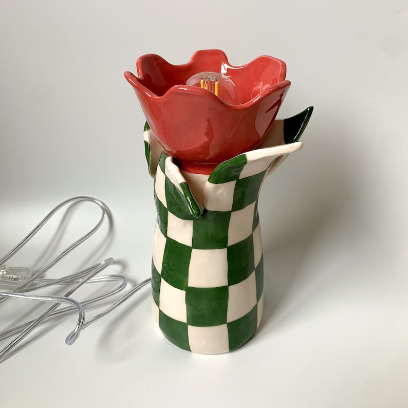 Handmade and Hand painted Ceramic Tulip Table Lamp, Statement Table Lamp, Unique Checkered Lamp Design, Housewarming Gift image 6