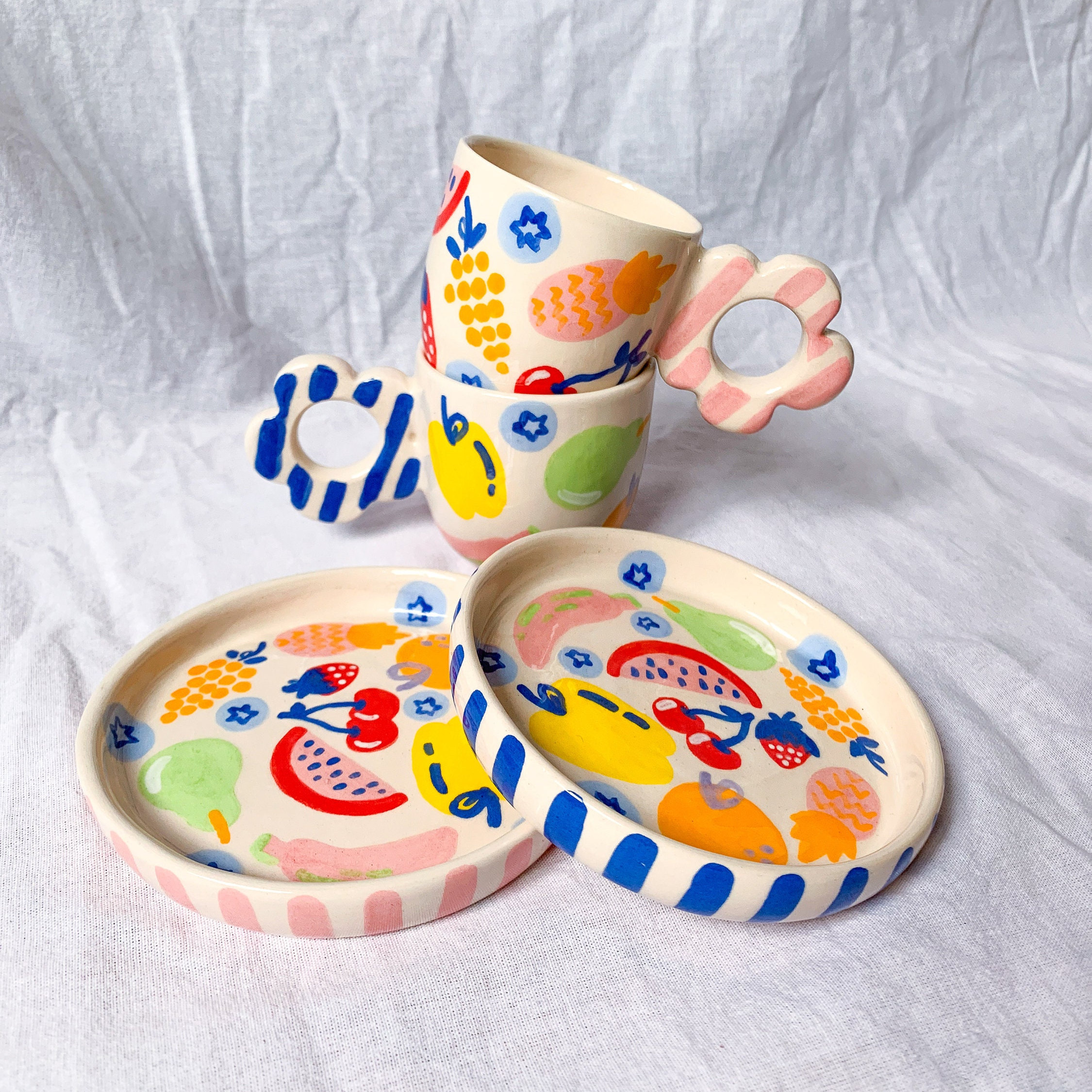 Fruit Market 2 Espresso Cups with Saucers, Set of Two Handmade Ceramic Coffee Cups, Coffee Lover Gift