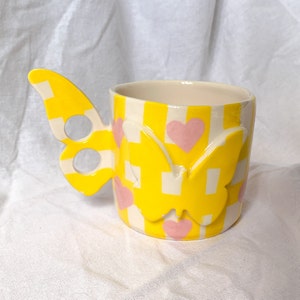 Butterfly Effect Handmade Ceramic Mug, Hand painted Butterfly Checkered coffee or tea cup, Valentine's Day Gift for Her