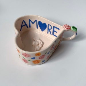Amore Handmade and Hand painted Ceramic Mug, Unique Heart Shaped coffee cup, Quote Mug , Housewarming Gift