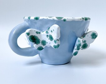 Handmade Ceramic Blue Mug with Butterflies, Hand Painted Coffee Mug, Illustrated Design Gift