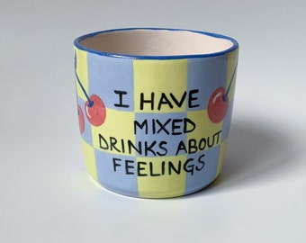 Handmade and Hand painted Ceramic Feelings Checkered Mug, Cute Modern Cherry Print Coffee Mug, Quote Mug, 21st Birthday Gift for Her