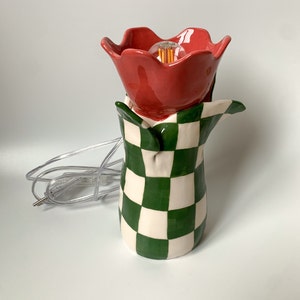 Handmade and Hand painted Ceramic Tulip Table Lamp, Statement Table Lamp, Unique Checkered Lamp Design, Housewarming Gift image 2