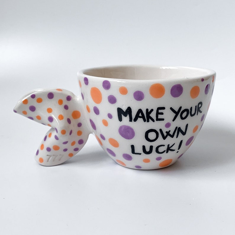 Fortune Cookie Handmade and Hand painted Ceramic Mug, Unique tea and coffee cup, Inspirational Quote Mug , Housewarming Gift image 3
