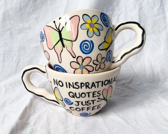 Handmade Ceramic Coffee Mug: Hand-painted Butterfly & Floral Design