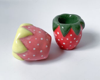 Strawberry Handmade Candle Stick Holder Set, Hand painted Strawberry Candlestick Holder Table Decor, Housewarming Gift