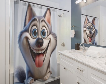 Silly Husky Dog Cartoon Kids Character style Shower Curtains