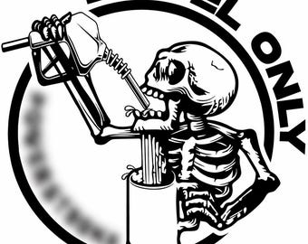 May include: Black and white graphic of a skeleton drinking from a gas pump nozzle into a can. The words "DIESEL ONLY" are in a circular design around the skeleton.