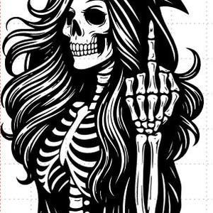 May include: A black and white graphic illustration of a skeleton with long flowing hair wearing a hooded cloak. The skeleton is depicted in profile, showing the rib cage and skull, while one skeletal hand is raised with the middle finger extended.