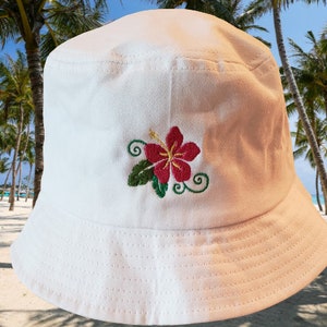 Trendy Bucket Hat Tropical Flower on a White Bucket Hat; Beach, Fishing, Summer Outdoors,