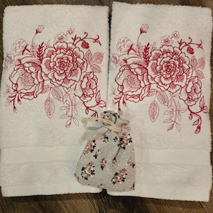 Hand Towel Set of 2 Hand Towel Pink  Roses  Embroidered Towel Turkish Cotton Highly Absorbent  Rose scent sachet