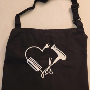 Hair Stylist Apron Black with Embroidered a Heart and Styling Tools 2 Front Pockets 100% cotton One size fit Most.