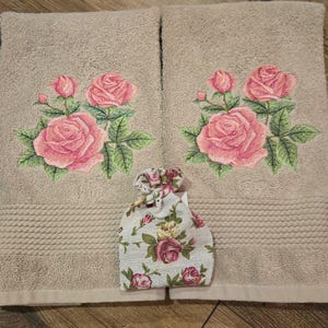 Hand Towel Pink Roses  Set of 2 Embroidered Towel Turkish Cotton Highly Absorbent  Rose Sachet Scent Beige Towel