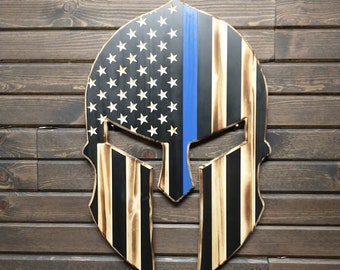 Blue Line Spartan Helmet American Flag