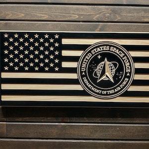 May include: A black and white wooden American flag with the United States Space Force logo in the lower right corner. The logo is a circle with a star in the center and the words "United States Space Force" around the outside. The words "Department of the Air Force" are below the circle.
