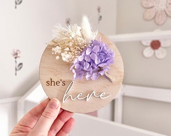 She’s here Posy Plaque - Purple | Baby Announcement Plaque | Baby Girl Name Sign |Dried Flowers | Baby Plaque | Birth Announcement | Newborb