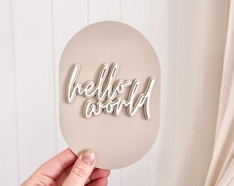 Hello World Acrylic Plaque | Baby Plaque | Baby Introduction Disc | Newborn Plaques | Wood | Birth Announcement | Gender Surprise