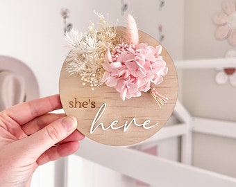 She’s here Posy Plaque - Pink | Baby Announcement Plaque | Baby Girl Name Sign | Dried Flowers | Baby Plaque | Birth Announcement | Newborn
