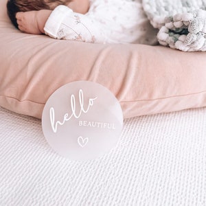 Hello Beautiful Plaque | Baby Announcement Plaque | Introduction Sign | Birth Plaque | Birth Disc | Baby Girl Announcement | Engraved Sign |