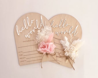 Everlasting "Hello World" birth details plaque | Birth Sign | Baby Plaque | Announcement | Dried Flowers | Introduction Sign | Introducting