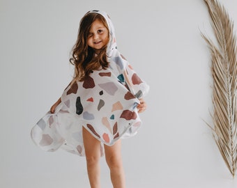 GEOPLE | Baby Poncho Cotton Organic Muslin Baby Cape Terrazzo Hooded Beach pool, bath poncho towel Kids swimwear, children beachwear