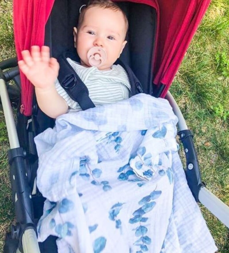 K&ouml;nnte beinhalten: Ein Baby in einem roten Kinderwagen winkt. Das Baby tr&auml;gt ein gestreiftes Oberteil und hat einen Schnuller. Eine blau-wei&szlig;e Blumendecke bedeckt das Baby. Der Kinderwagen hat einen schwarzen Rahmen und steht auf Gras.