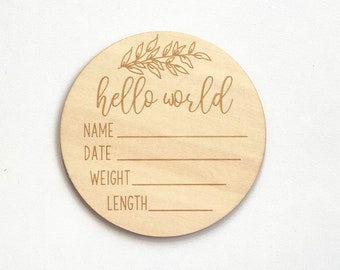 GEOPLE | Wooden Baby Announcement Hello World Engraved Sign Pregnancy Birth Announcement Baby Shower Gift New Baby Gift Newborn Milestone