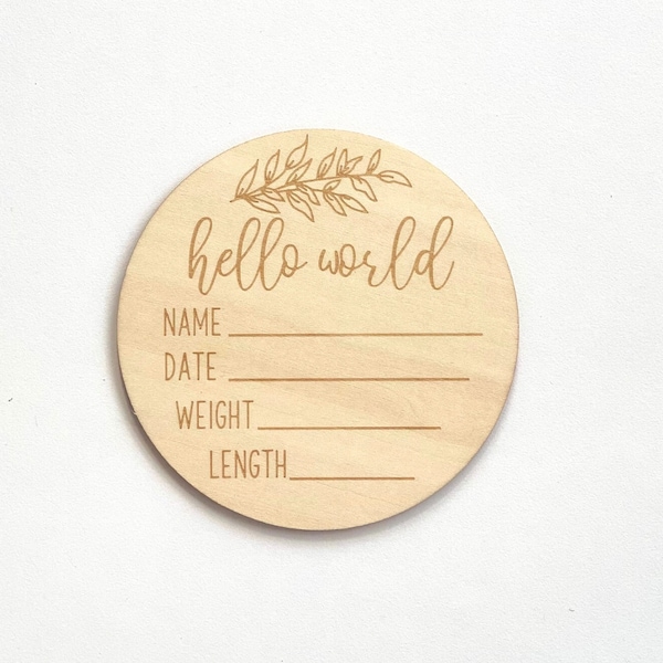 GEOPLE | Wooden Baby Announcement Hello World Engraved Sign Pregnancy Birth Announcement Baby Shower Gift New Baby Gift Newborn Milestone