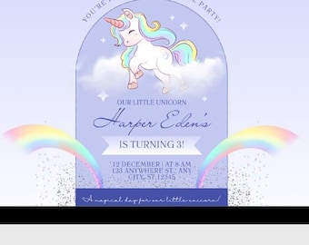 Invitation d'anniversaire de thème licorne modifiable, modèle de toile de fête magique arc-en-ciel, invitation d'anniversaire de fille en téléchargement numérique