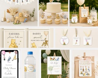 Ensemble baby shower vintage sur le thème des ours | Décorations de fête et jeux modifiables | Panneaux personnalisables imprimables pour baby shower, jeux, faire-part et décoration