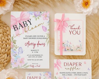 Invitations et jeux floraux pour baby shower | Lot imprimable Bébé en fleurs | Décorations de fleurs sauvages modifiables